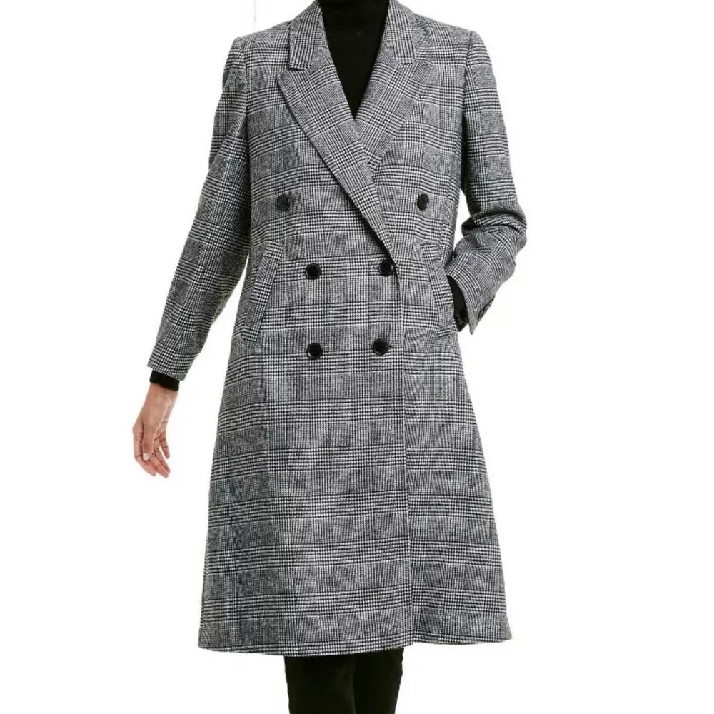 Nili Lotan Target Black and White Long Plaid Double Breasted Wool Blend Overcoat